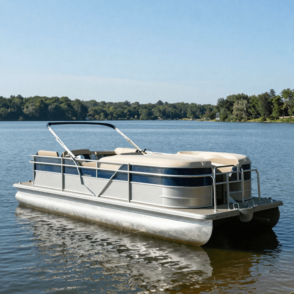 : New pontoon boat docked beside a used pontoon boat at Cherokee Lake marina